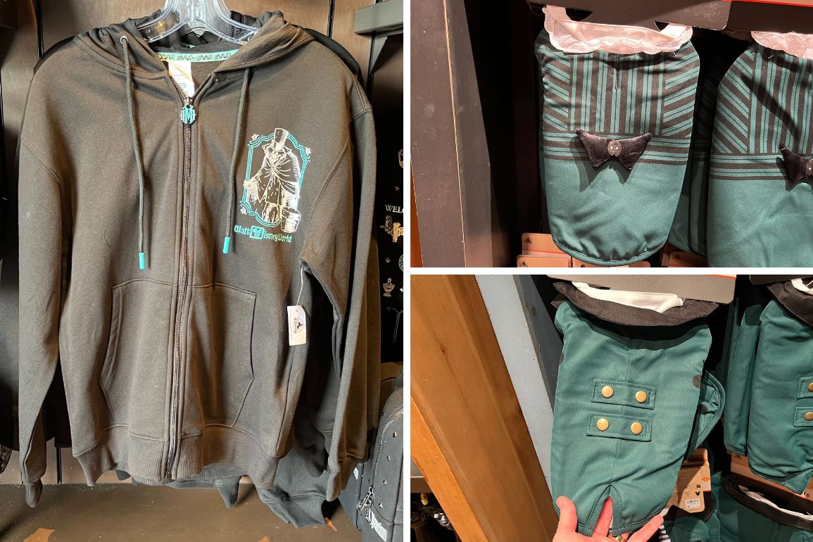 A Hatbox Ghost Hoodie and close-up images of green pants with yellow buttons and gray accents are displayed in the store. This collection will make you feel like you've stepped right out of Walt Disney World.