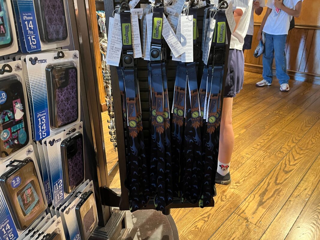 A display rack holds multiple black lanyards, each with a graphic design of an eyeball and house. Nearby are packages of keys and various other merchandise.