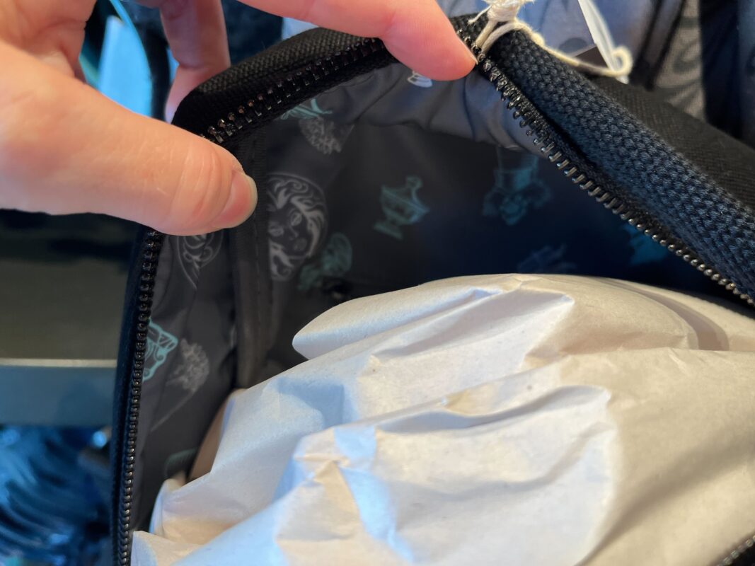 A hand holds open a black fabric bag, revealing a grey and white patterned interior and white crumpled paper inside.