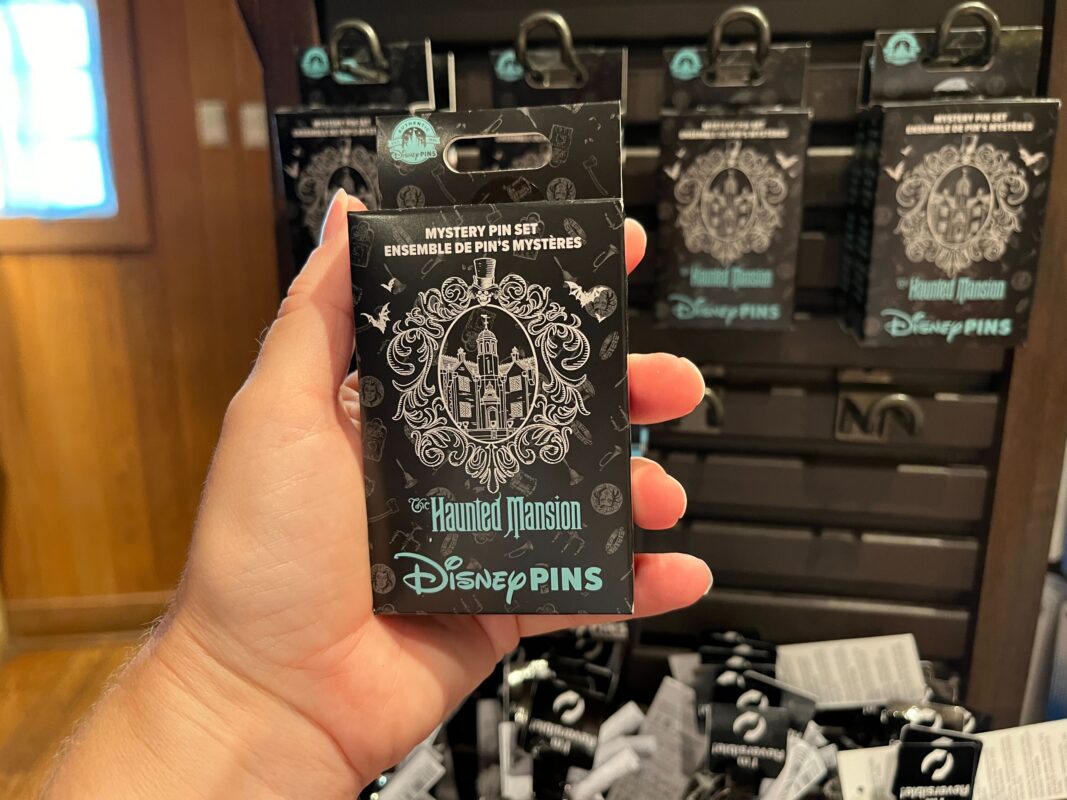 A hand holding a box of "Haunted Mansion Mystery Pin Set" from Disney Pins. More boxes are displayed on a shelf in the background.