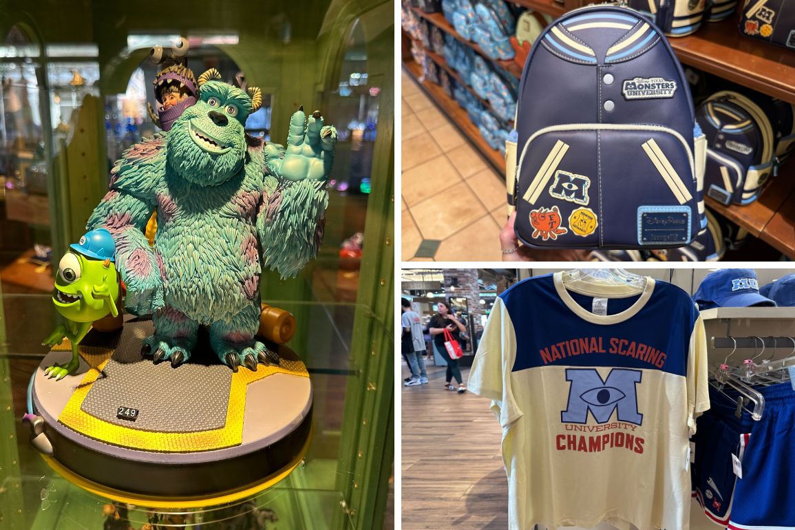 A display featuring a Monsters, Inc. figurine, a Monster's University Collection-themed backpack with patches, and a "National Scaring Champions" Monsters University shirt in a store.