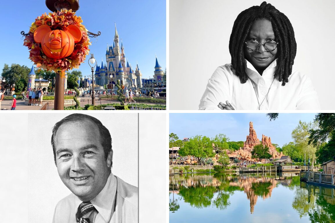 A collage with four images: a pumpkin decoration and castle at a Disney theme park, a black-and-white portrait of a person with dreadlocks, a black-and-white photo of a man in a tie, and a serene riverside scene. This visual daily recap captures an eclectic mix of moments.