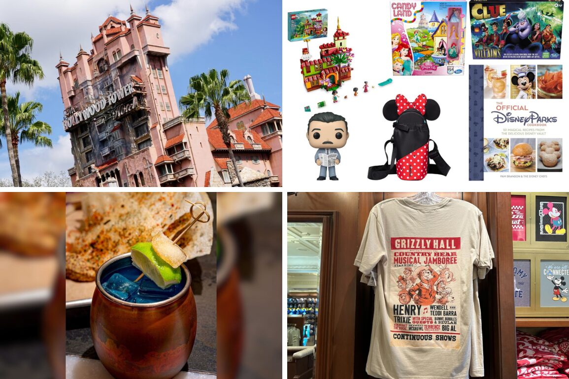 Daily recap: Collage of four images: Tower of Terror ride, Disney merchandise including a Funko Pop and Minnie Mouse backpack, a themed drink with a green garnish, and a "Grizzly Hall" T-shirt on display.