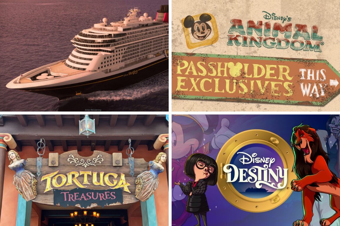 A collage of four images: a cruise ship, a sign for Disney's Animal Kingdom Passholder Exclusives, a Tortuga Treasures storefront, and the Disney Destiny logo with animated characters—a perfect daily recap of magical moments!