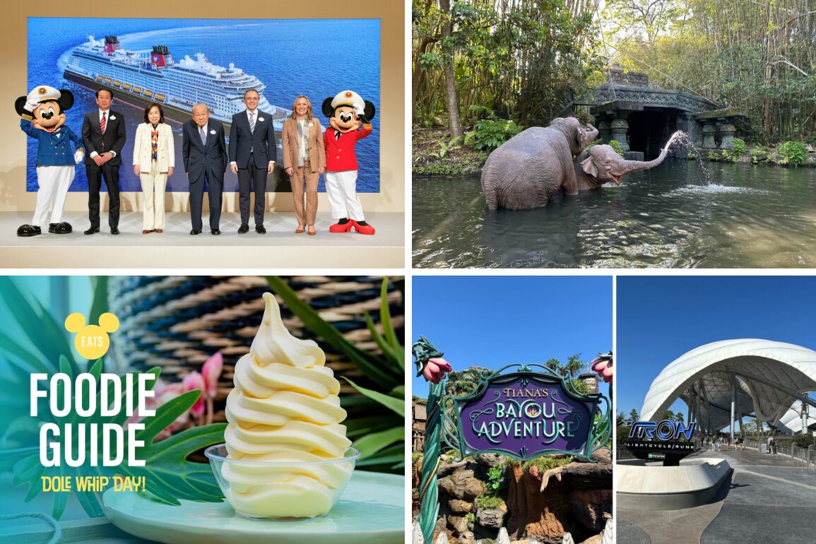 A collage for the daily recap includes a cruise event with mascots, an elephant at a water park, a soft-serve dessert, an adventure ride entrance, and a futuristic structure under a clear sky.