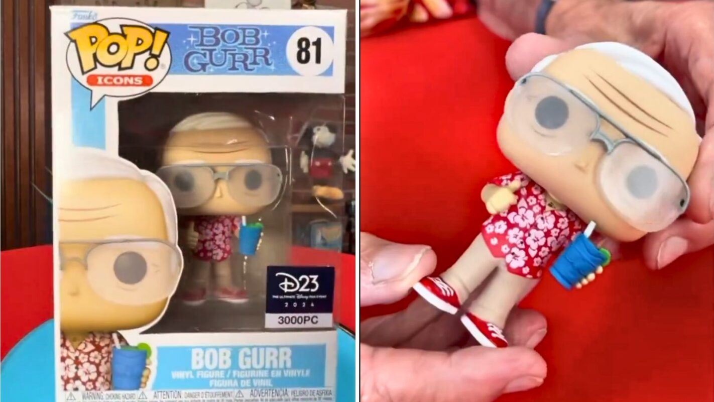 A D23-exclusive Funko Pop! of Bob Gurr is shown in its packaging on the left and out of its packaging on the right. The figure wears glasses, a red Hawaiian shirt, red shoes, and holds a colorful object.