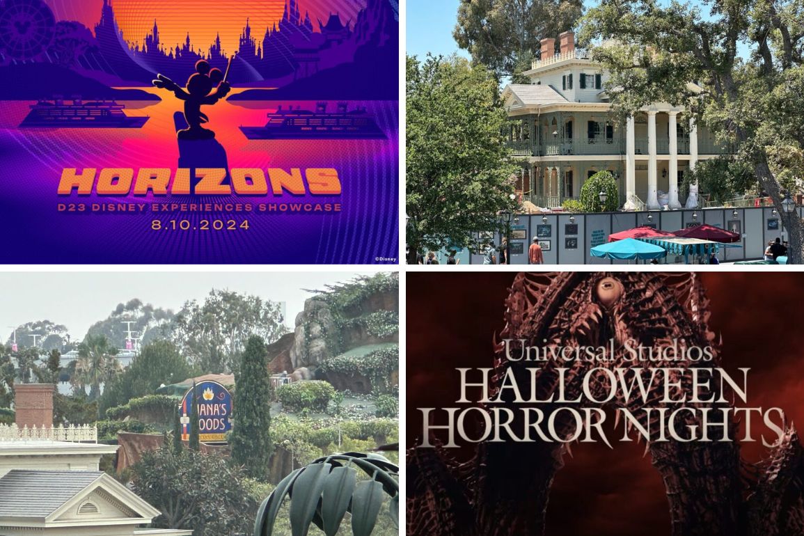 A vibrant collage featuring a classic mansion, Horizons Disney showcase poster, an amusement park with signage for "Vana's Foods," and a Universal Studios Halloween Horror Nights advertisement provides a perfect daily recap of thrilling attractions.