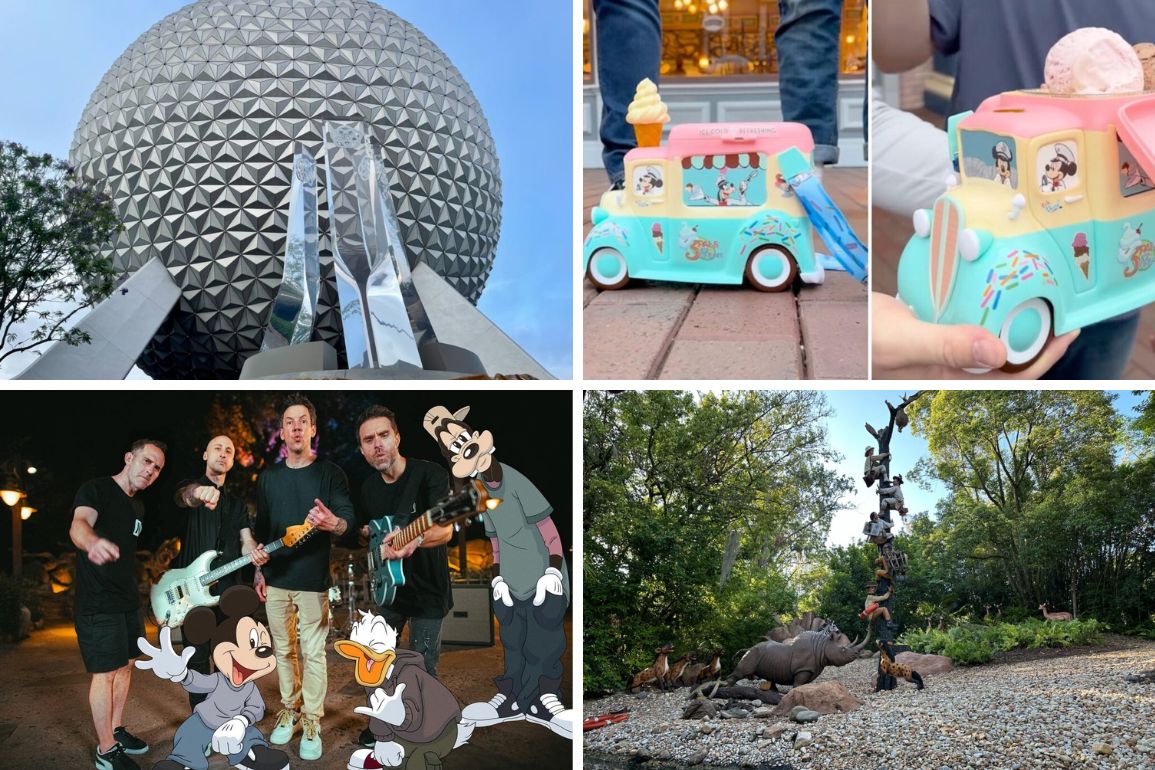 A daily recap collage image features Spaceship Earth, a toy ice cream truck, a band with cartoon Mickey Mouse and Donald Duck characters, and a wildlife scene with rhinoceroses and monkeys.