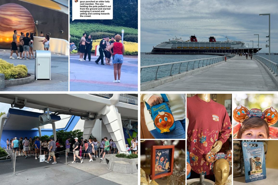 A daily recap collage of photos showcasing people at a theme park, a docked cruise ship, tourists lining up for attractions, and various theme park merchandise displays.