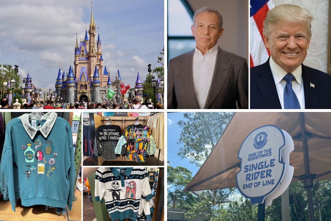 A daily recap collage features Disney's Cinderella Castle, two men posing, two racks with clothes, a close-up of a denim jacket with pins, a hoodie with Mickey Mouse design, and a "Single Rider" sign at a theme park.