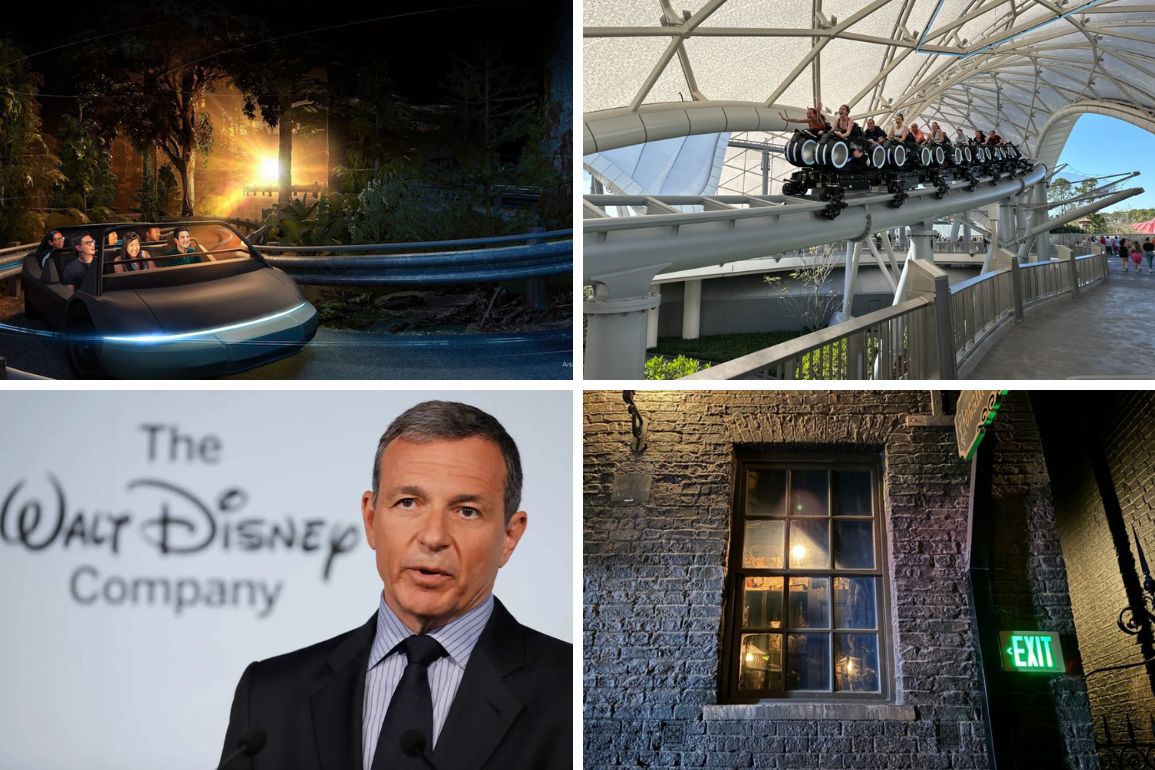 A collage of four images captures the essence of a daily recap: a nighttime amusement park ride, a roller coaster, a man speaking at a podium, and a dimly lit window beside an emergency exit sign inside a building.