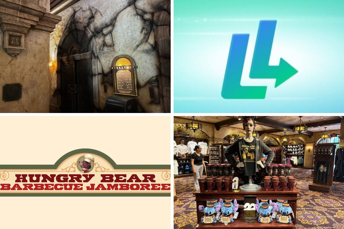 A collage featuring: a stone-walled hallway; a logo with "LL"; a "Hungry Bear Barbecue Jamboree" sign; an indoor shop with merchandise displays and mannequins, all capturing the essence of the daily recap.