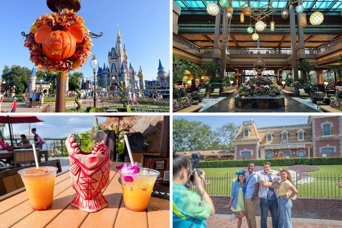 Collage: A Halloween pumpkin decoration in front of a castle, an opulent hotel lobby, two tropical drinks at an outdoor bar, and a photographer capturing a smiling family near a theme park entrance—a perfect daily recap of memorable moments.