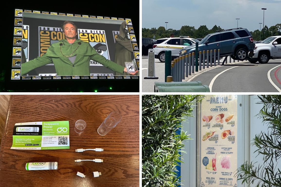A daily recap in four pictures: a person on stage with arms outstretched, a car accident in a parking lot, vaping supplies on a wooden table, and a menu for corn dogs at an outdoor stand.