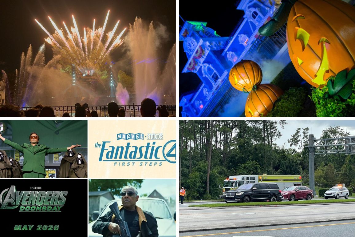 A daily recap collage featuring fireworks, Halloween decorations, Marvel Studios' The Fantastic Four and Avengers: Doomsday logos, a person speaking, a person holding a gun, and an accident scene with emergency vehicles.