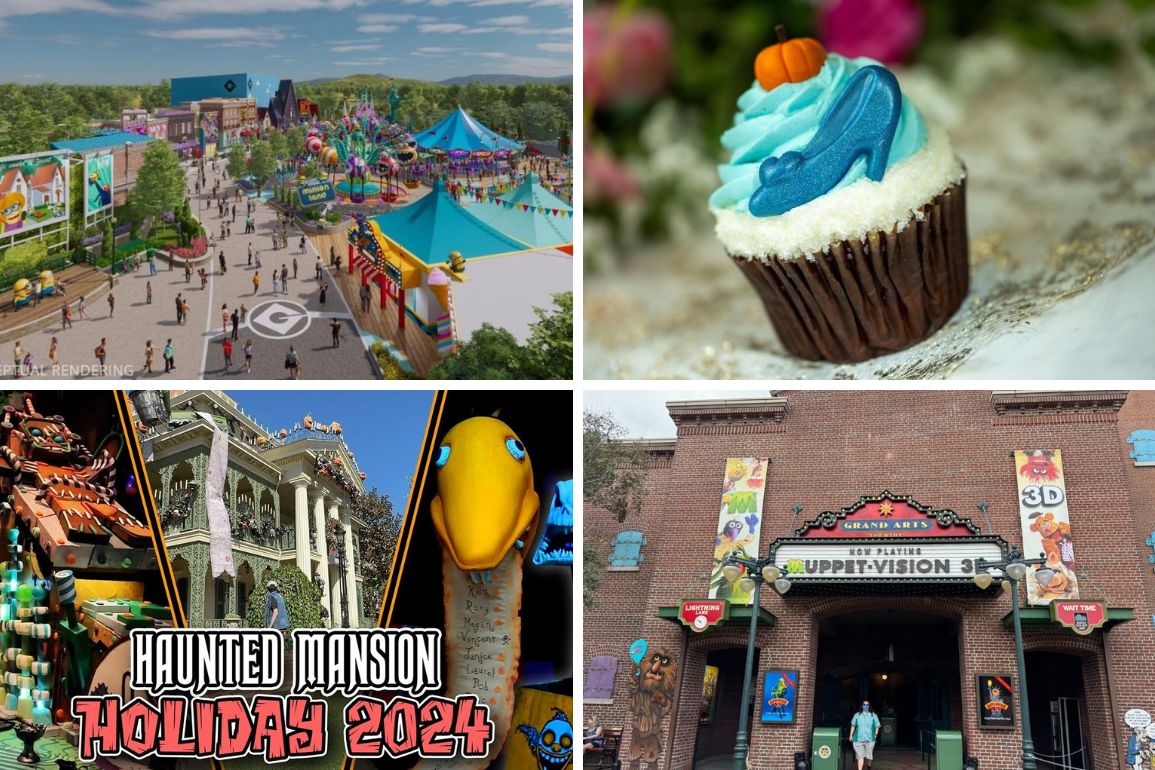 A daily recap collage of four images: 1) A bustling theme park; 2) A cupcake with blue frosting and a pumpkin decoration; 3) A sign for Haunted Mansion Holiday 2024; 4) The entrance of a 3D attraction labeled "Muppet-Vision 3D.