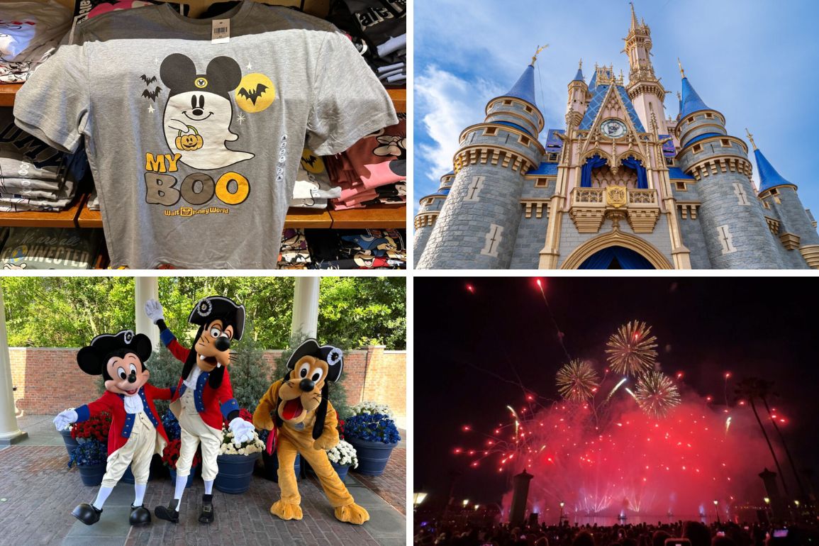 Collage: Top left, Disney-themed "My Boo" T-shirt; top right, a castle with turrets; bottom left, three characters dressed as pirates; bottom right, a fireworks display—your daily recap.