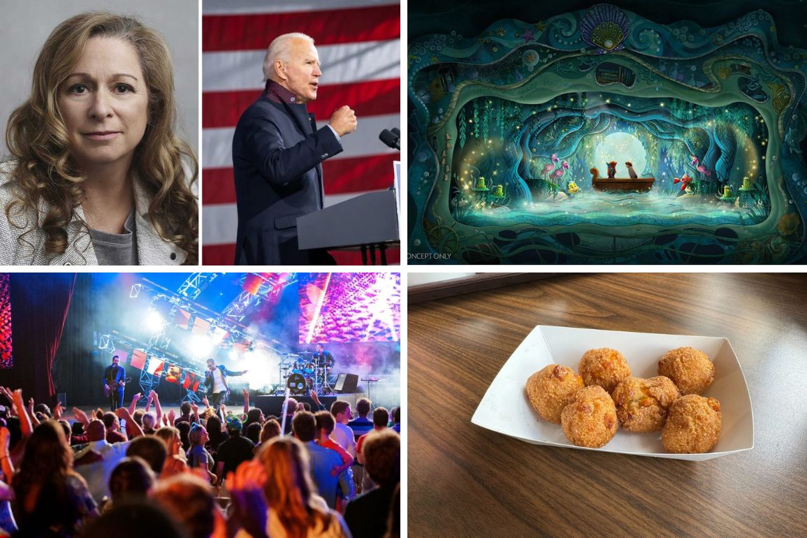 Collage of five images from our daily recap: woman posing, person speaking at podium with US flag, animated theater scene, live music performance with crowd, and deep-fried food on a paper tray.