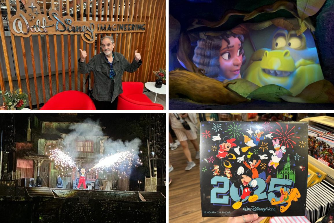 A person poses in front of the "Walt Disney Imagineering" sign, scenes featuring animated characters, a stage performance with fireworks, and a 2023 Disney-themed calendar come together in a vivid collage that feels like an enchanting daily recap.