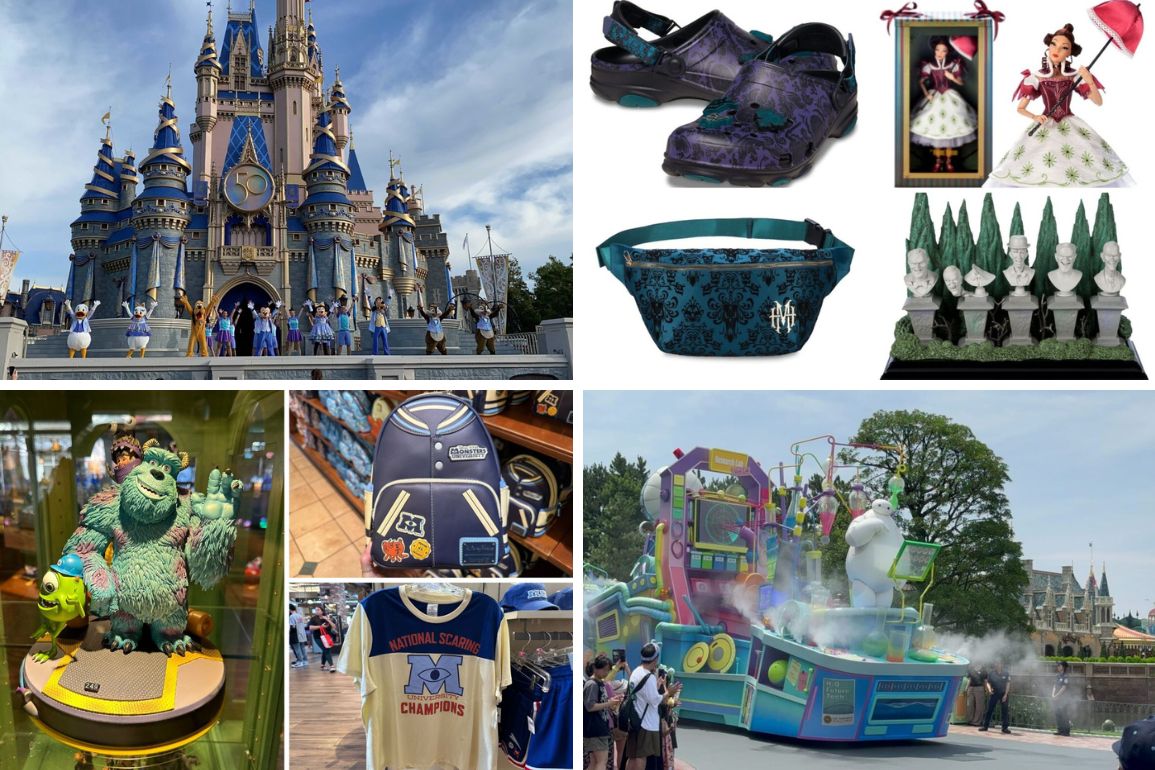 A collage with Disney collectibles, apparel, a castle, a parade float, and merchandise. Images include Cinderella’s castle, characters’ merchandise, and a themed parade float in a theme park—perfect for your daily recap of magical moments.
