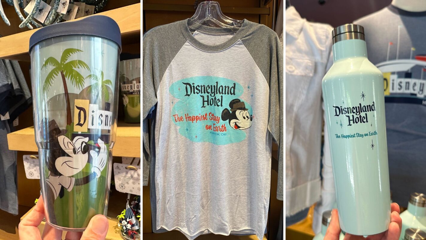A collage of three items: a clear Disneyland Hotel tumbler with Mickey Mouse, a gray Disney baseball tee with Mickey Mouse and "Disneyland Hotel" text, and a white Disneyland Hotel insulated bottle.