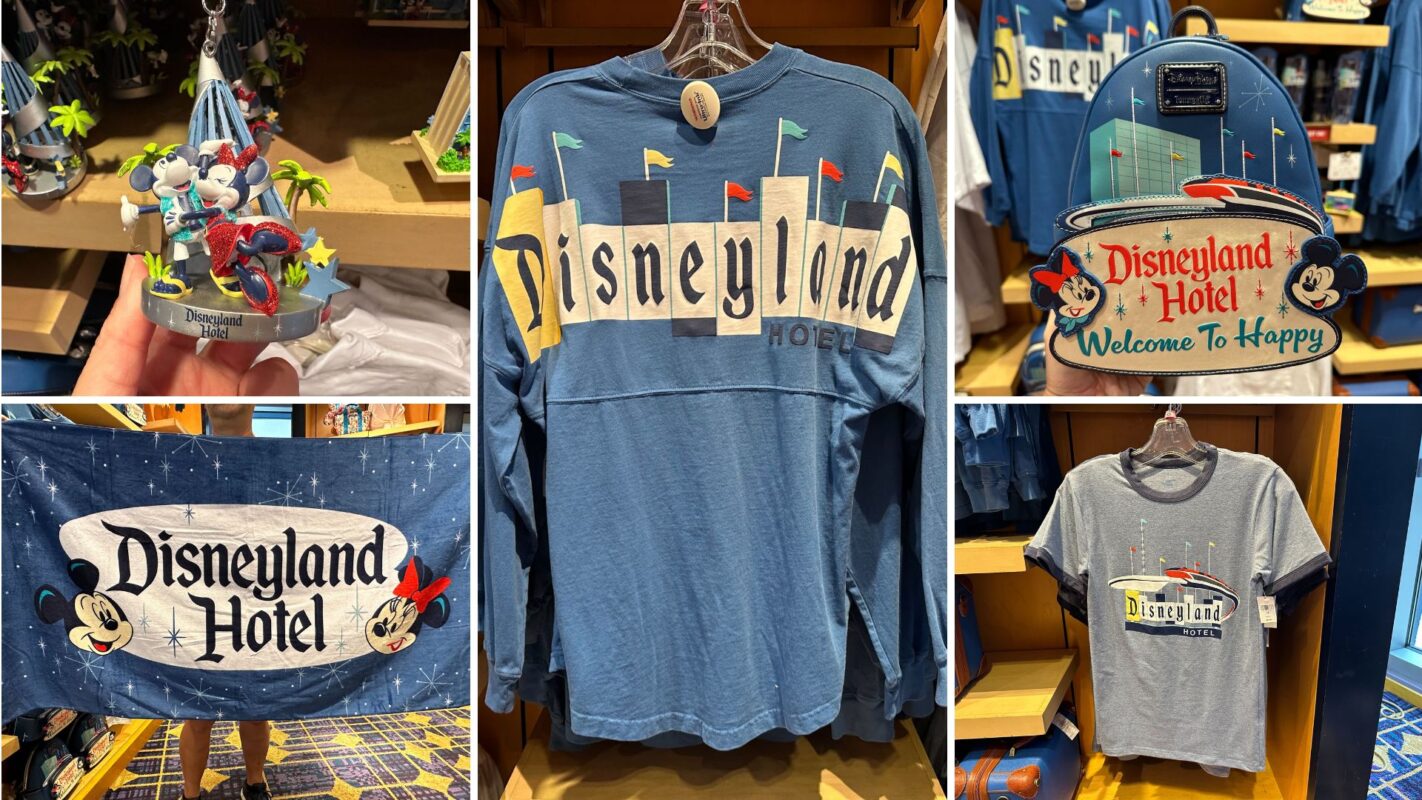 A collection of Disneyland Hotel merchandise featuring shirts, a hat, a towel, and an ornament on display. The items have various Disneyland Hotel logos and designs.