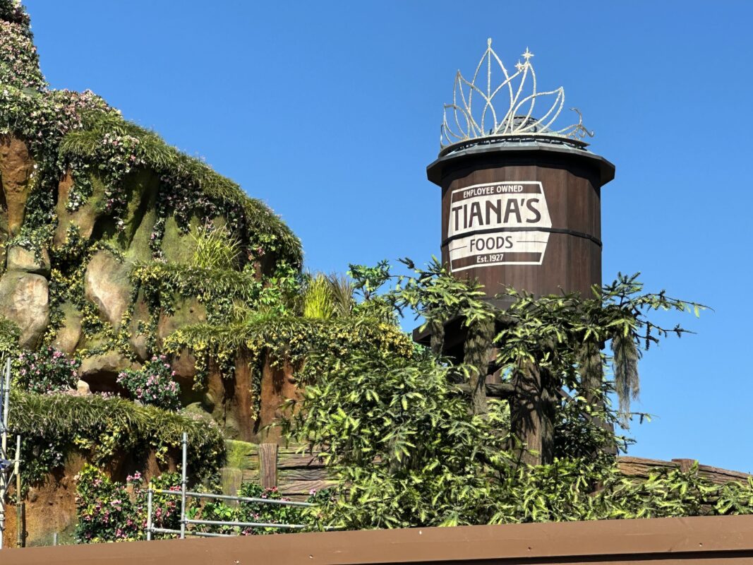 The water tower with the "Tiana's Foods" sign, surrounded by lush greenery and rock formations under a clear blue sky, adds a touch of charm to Tiana's Bayou Adventure at Disneyland. The green paint on the tower blends seamlessly with its natural surroundings.