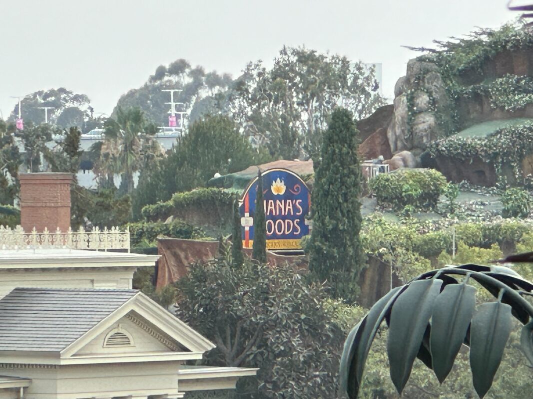 A sign reading "Nana's Goods" is partially obscured by foliage. The area includes trees and building rooftops in the foreground.