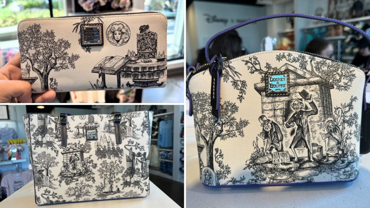 Three images displaying different black and white bags with detailed, historic-inspired illustrations. The bags are showcased in a store setting on shelves and held up for closer inspection.