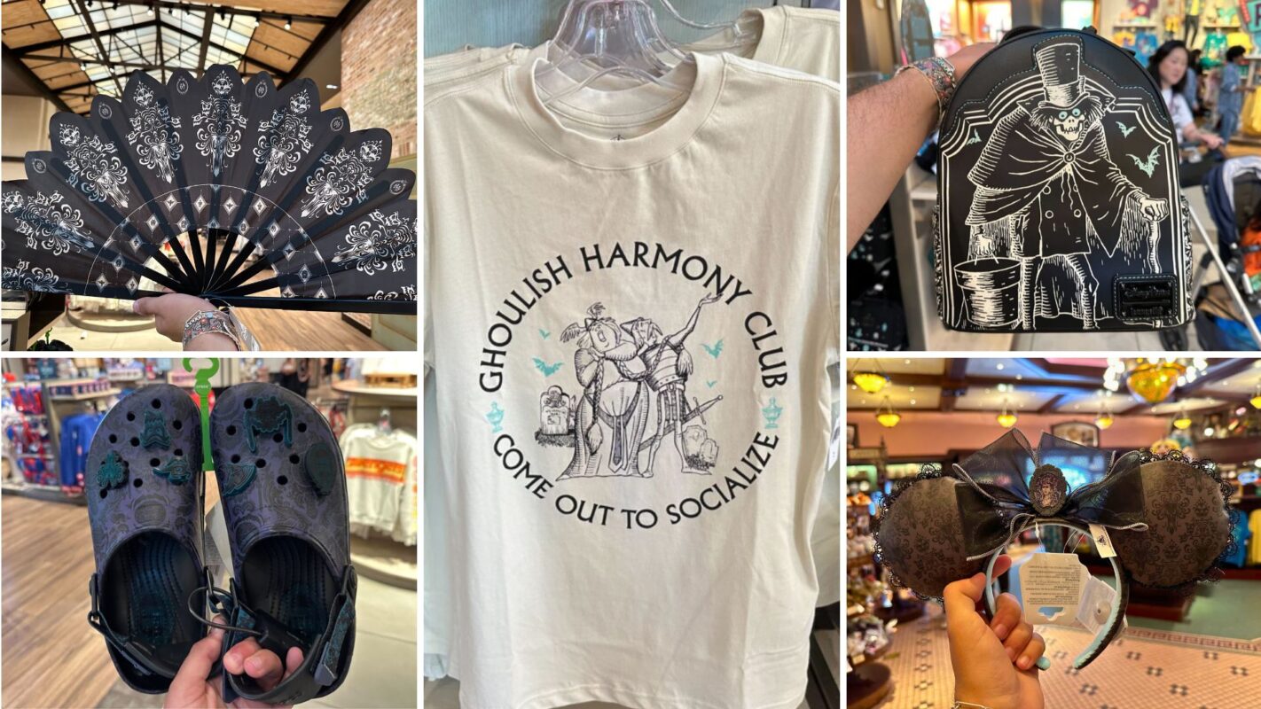 A collage of Haunted Mansion merchandise: a black fan with white designs, a "Ghoulish Harmony Club" t-shirt, a bag depicting a spooky character, themed Crocs, and Minnie Mouse ears with a spooky bow.