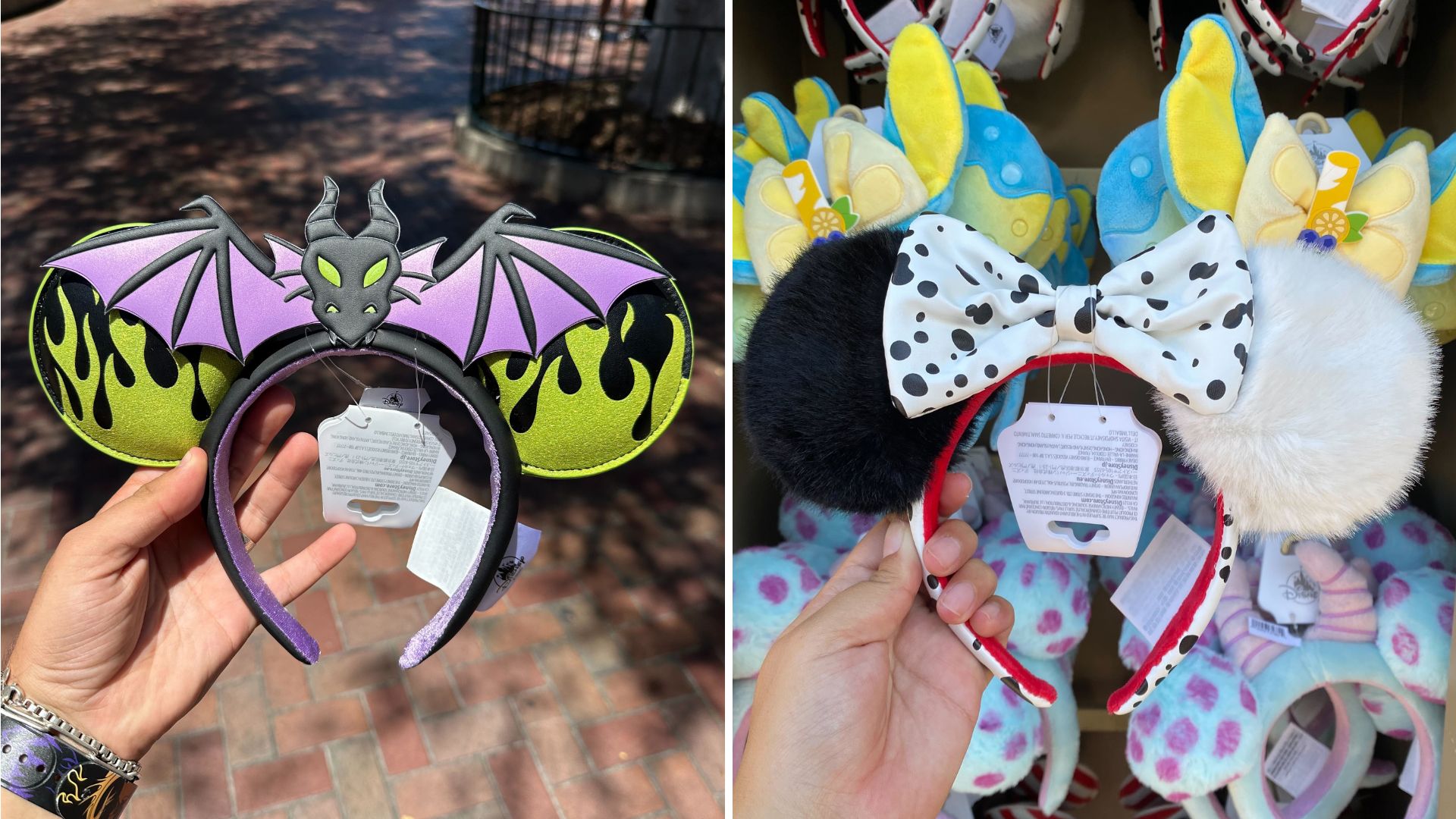 Two images of headbands. Left: Green and purple bat-themed headband with black flames. Right: Black and white polka dot bow headband with furry black ears and white pom-pom ears.