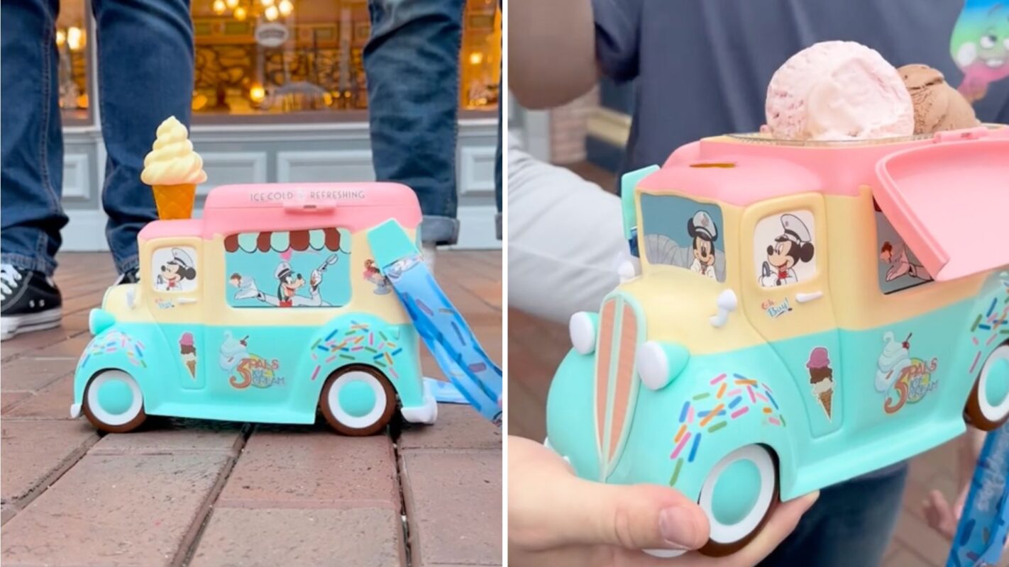 A colorful toy ice cream truck, designed as an ice cream van with cartoon characters, doubles as a container. It holds ice cream scoops on top and includes a side compartment for storing items, making it the perfect bucket for imaginative play and storage.