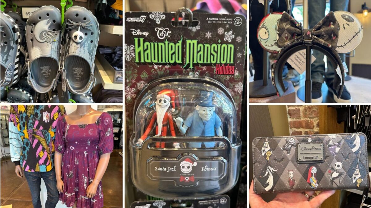 A collage featuring Jack Skellington Crocs, a Haunted Mansion Disney figurine set, a Jack Skellington headband, a purple dress with a colorful pattern, and a Disney-themed wallet—all inspired by the whimsical world of The Nightmare Before Christmas.