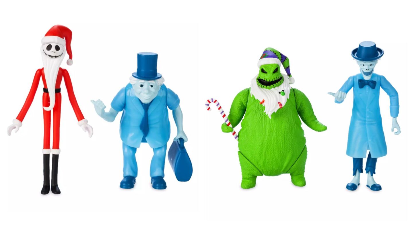 Four figures from the movie "The Nightmare Before Christmas": a Santa character with a skeletal face, two blue ghostly figures wearing hats, and a green, round, grinning character holding candy canes.