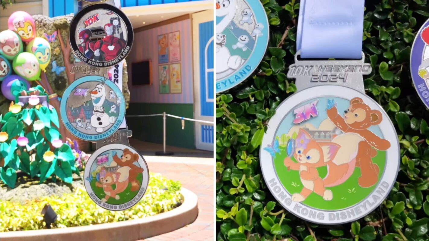Three Disney-themed medals are hanging vertically outdoors, featuring characters and attractions. A close-up of one medal showcases the text "10K Weekend 2024" and "Hong Kong Disneyland.