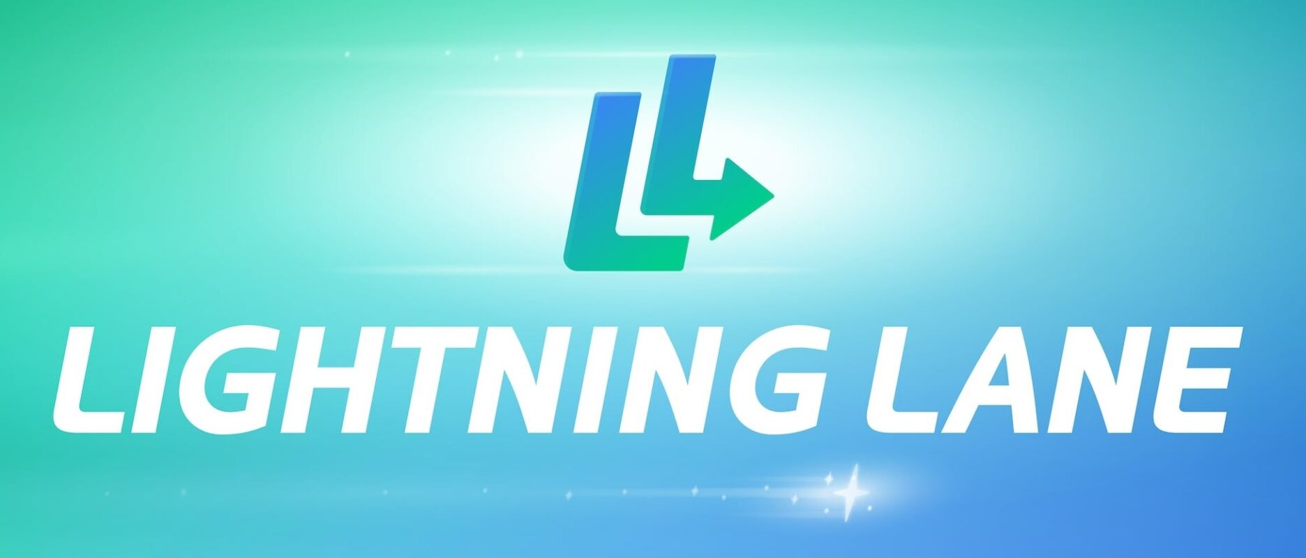 A logo with two overlapping 'L' shapes forming an arrow, above the text "LIGHTNING LANE" on a gradient blue to green background, embodies the concept of speed and direction inherent in the name Lightning Lane.
