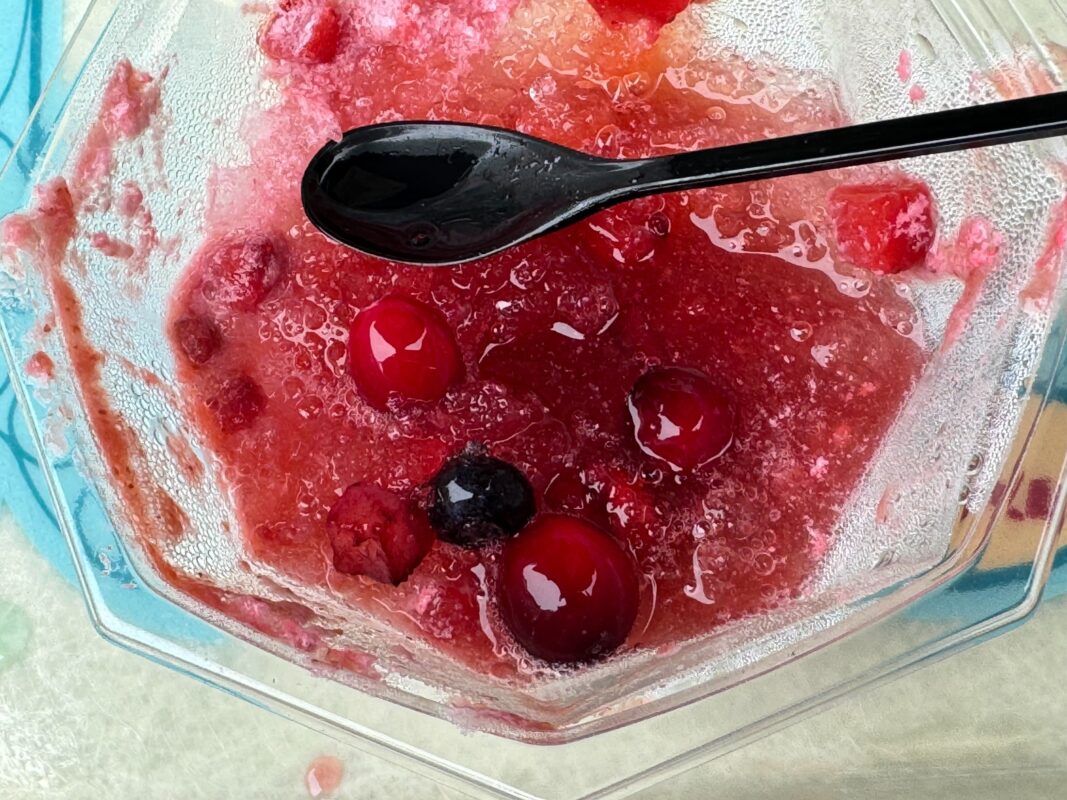 A glass bowl containing a partially melted red frozen dessert with a black spoon. There are visible whole berries, including cranberries and a blueberry.