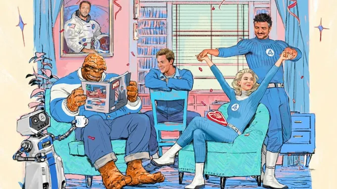 Four characters from the Fantastic Four, including The Thing, Mr. Fantastic, Invisible Woman, and Human Torch, relax in a colorful room with books and a robot. Mr. Fantastic reads a comic book.
