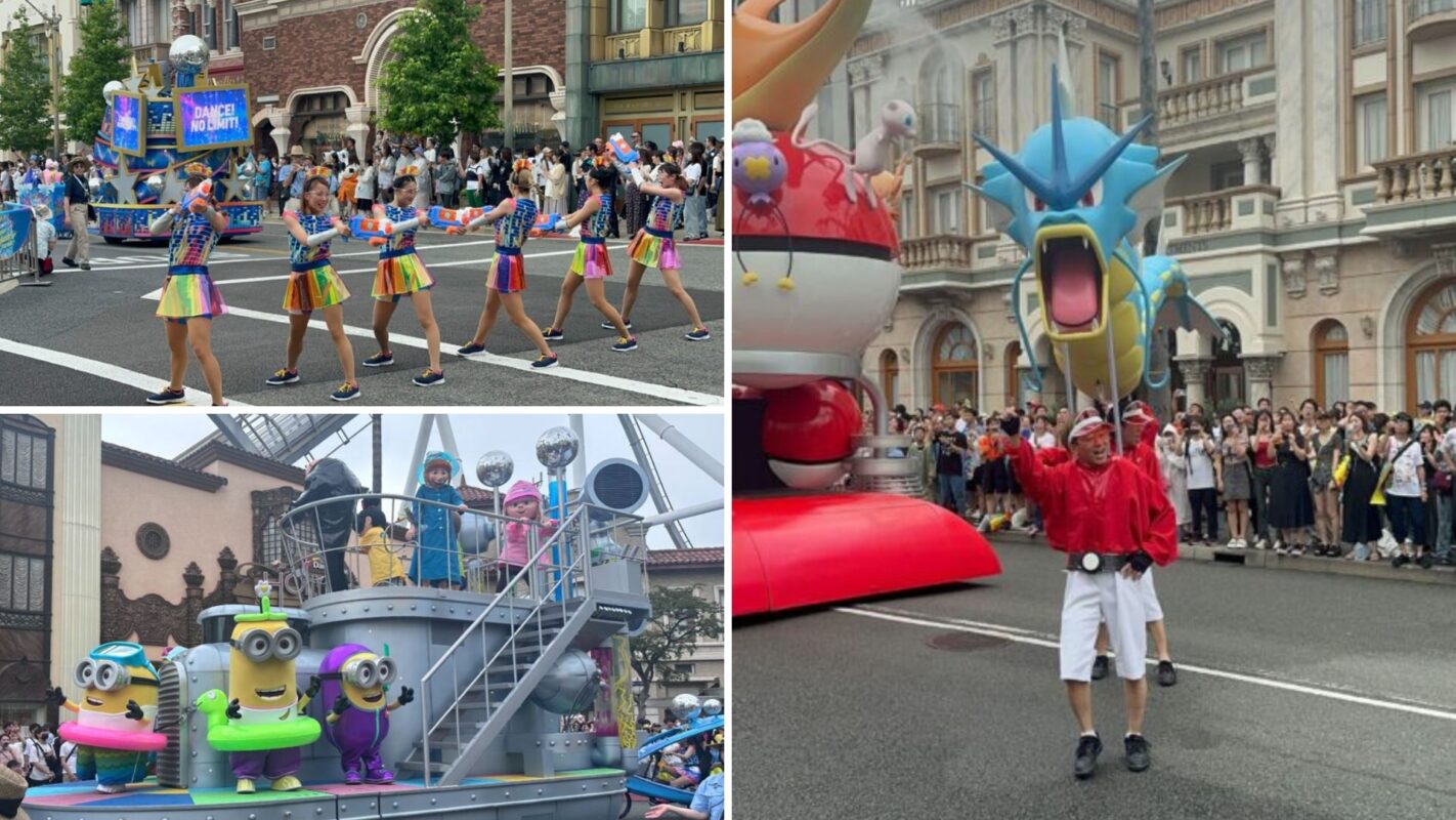 A vibrant summer splash parade with people in colorful outfits, a large Pokémon float, and Minion characters on a float, passes through a crowd-lined street with ornate buildings in the background.