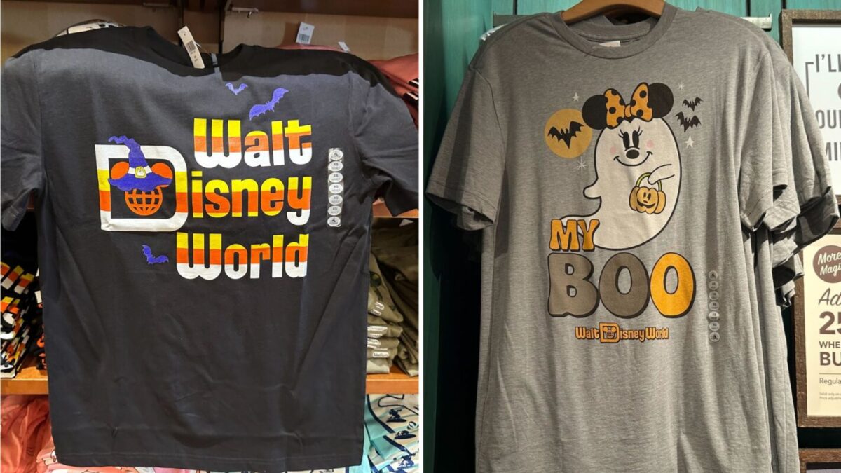 Two T-shirts with Disney Halloween themes: the left shirt says "Walt Disney World" with a pumpkin and bats design, the right says "My Boo" featuring Minnie Mouse with a pumpkin and bat.