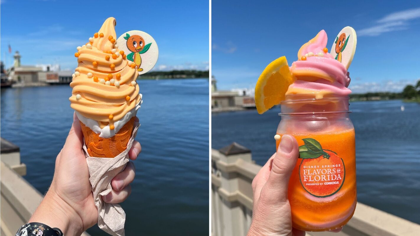 Two images showing hands holding orange-flavored ice cream treats against a waterfront background: One is a swirl cone topped with orange candy, the other is an ice cream sundae in a mason jar with an orange slice.