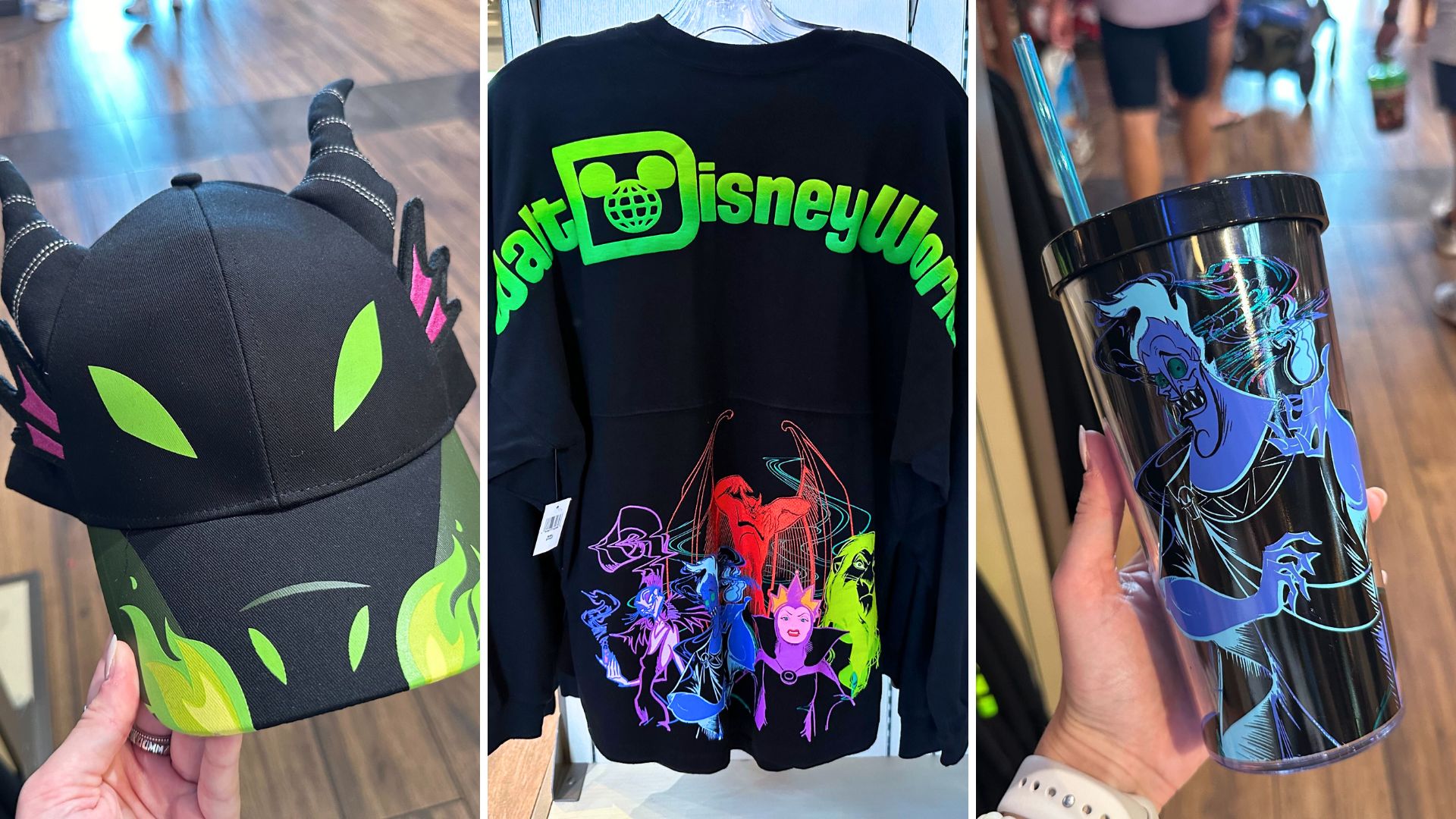 Hat featuring green eyes and horns, a black sweatshirt with colorful Disney villains and "Walt Disney World" text, and a black tumbler with a blue graphic of a Disney villain, held by a hand.