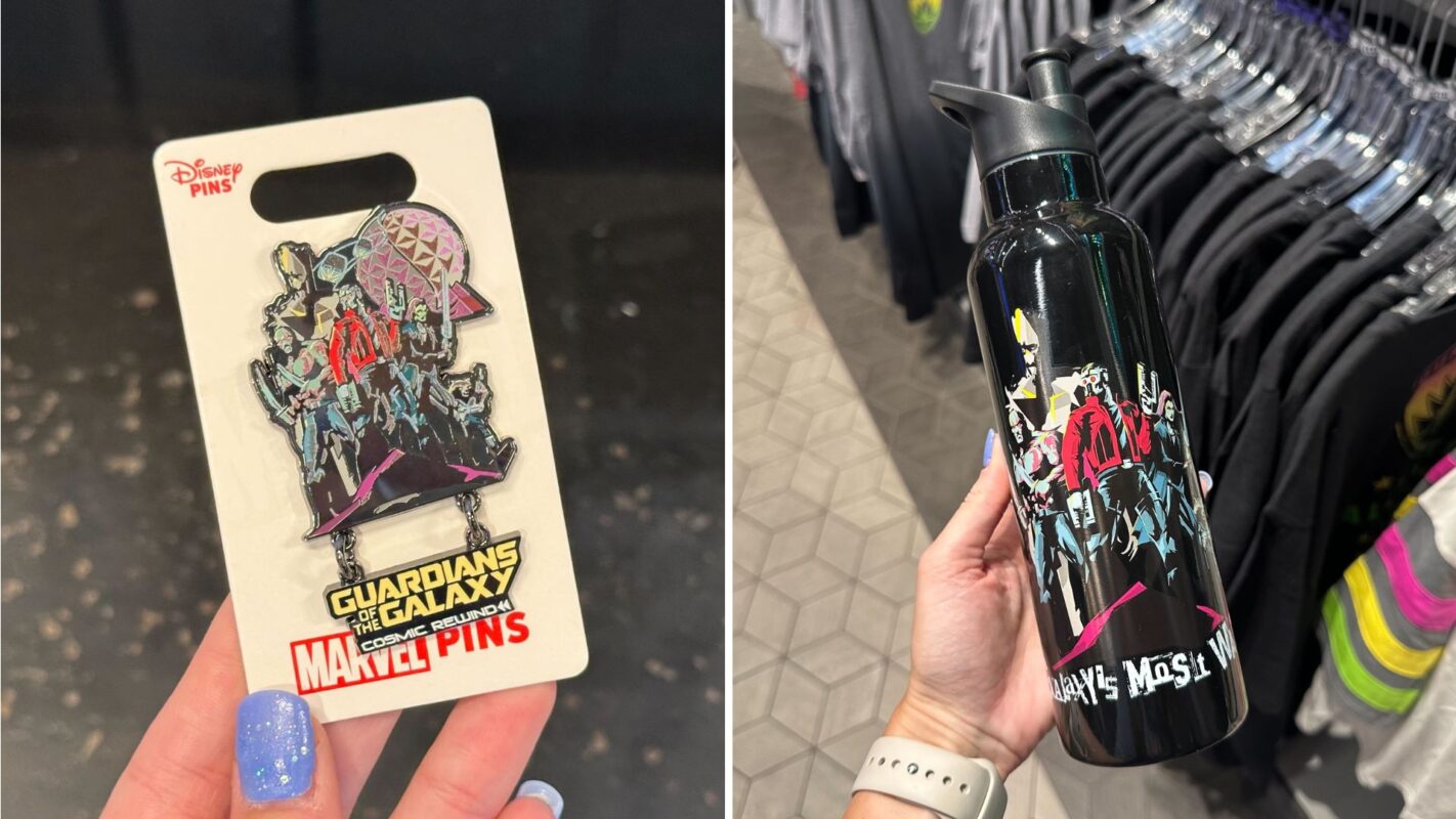 A hand displays a "Guardians of the Galaxy" collectible pin on the left and holds a black water bottle featuring matching artwork on the right. Both items are officially licensed by Marvel and Disney.