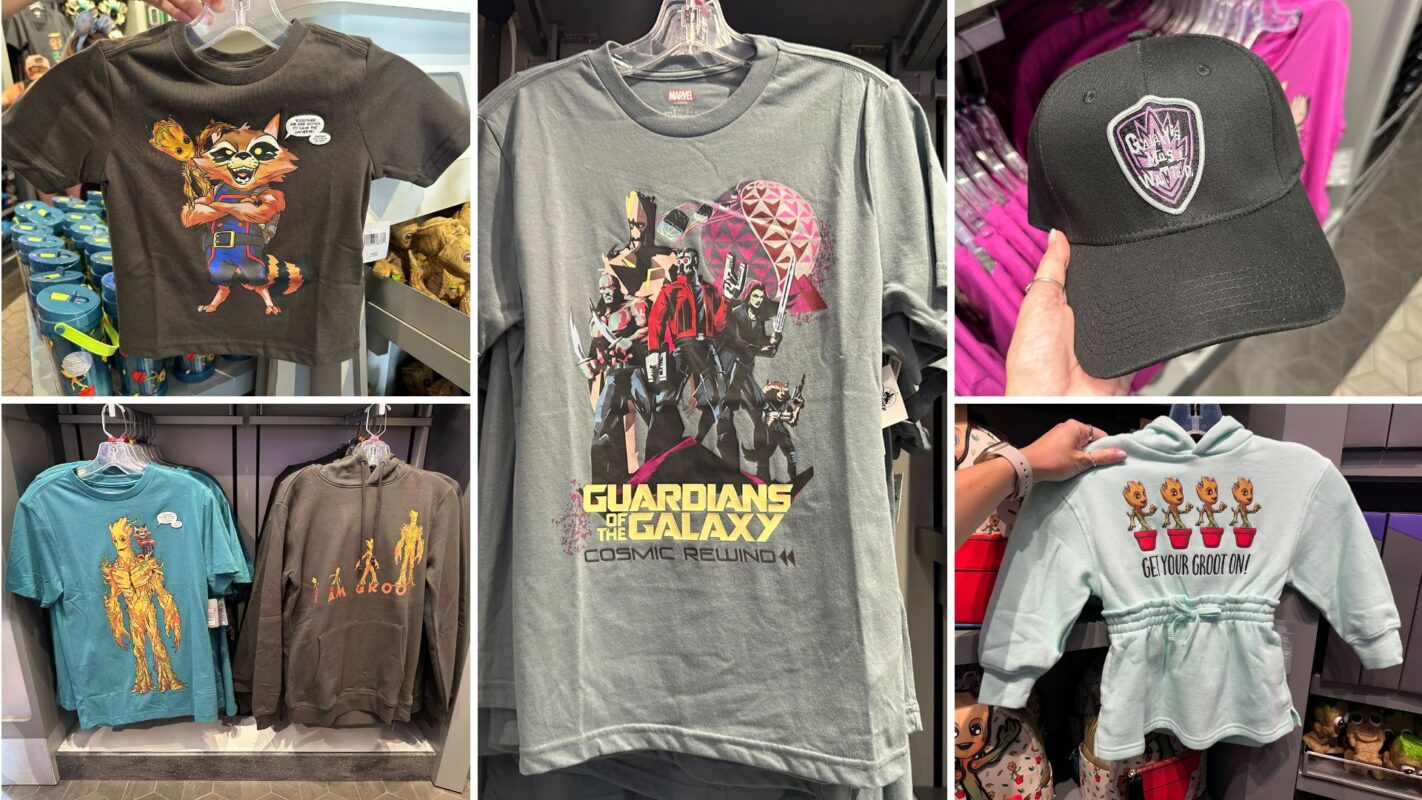 A collage of merchandise featuring Guardians of the Galaxy-themed clothing and accessories, including T-shirts, a hat, and a hoodie displayed in a store.