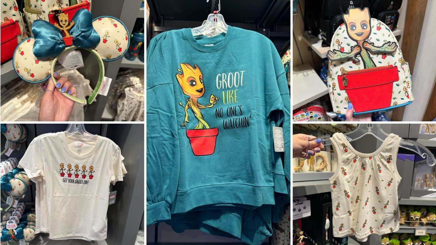 Display of Baby Groot apparel and accessories, including a headband with ears, t-shirts, a sweatshirt, and a Baby Groot Loungefly backpack.