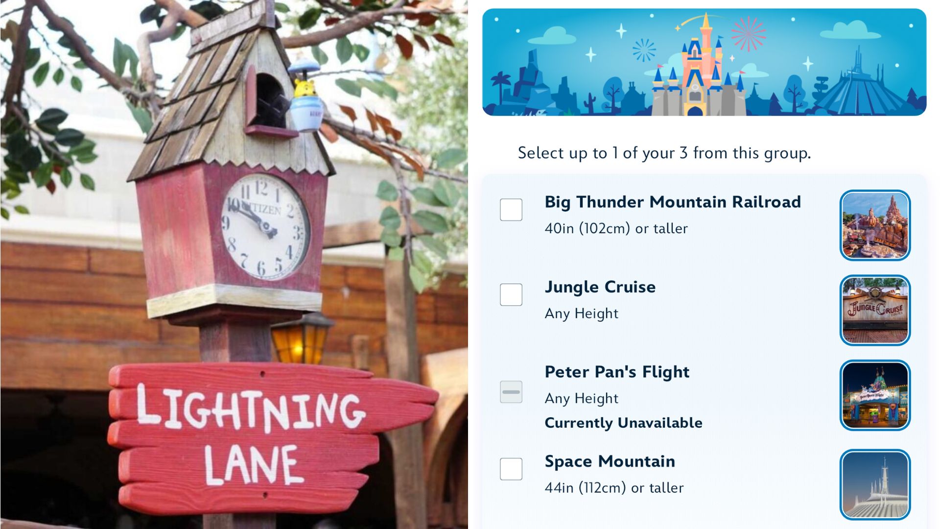 A rustic wooden clock tower with a "Lightning Lane" sign beside a digital interface displaying ride options such as Big Thunder Mountain Railroad, Jungle Cruise, Peter Pan's Flight, and Space Mountain.
