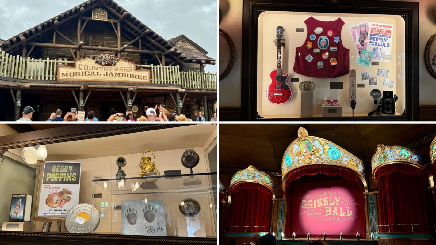 A multi-image collage showcases Grizzly Hall, featuring both its exterior and interior. Highlights include memorabilia like a guitar and badge-covered vest, as well as the stage with red curtains labeled "Grizzly Hall," reminiscent of the Country Bear Musical Jamboree.