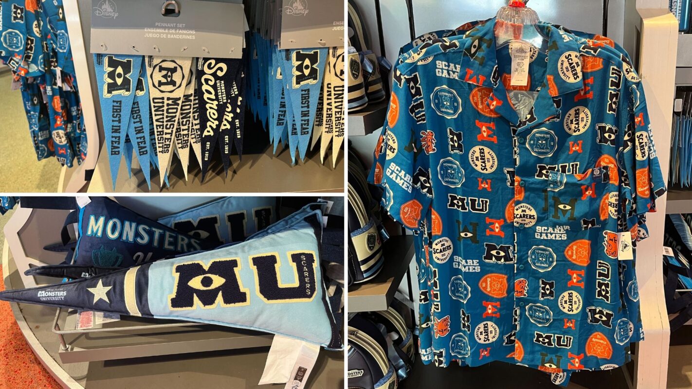 Display of Monsters University merchandise including pennants and a short-sleeve button-up shirt with various logo patterns.