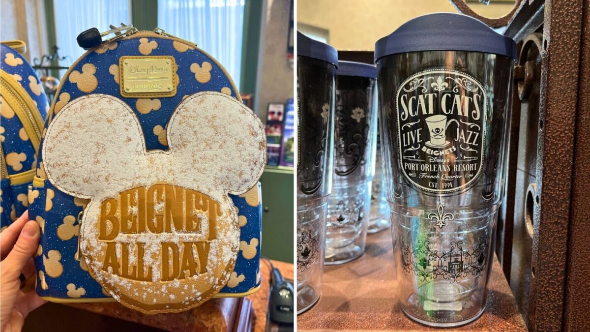 Left image: Blue and gold Disney-themed backpack with "Beignet All Day" text. Right image: Clear travel tumbler with "Scat Cat's Live Jazz" logo and decorative jazz-themed design.