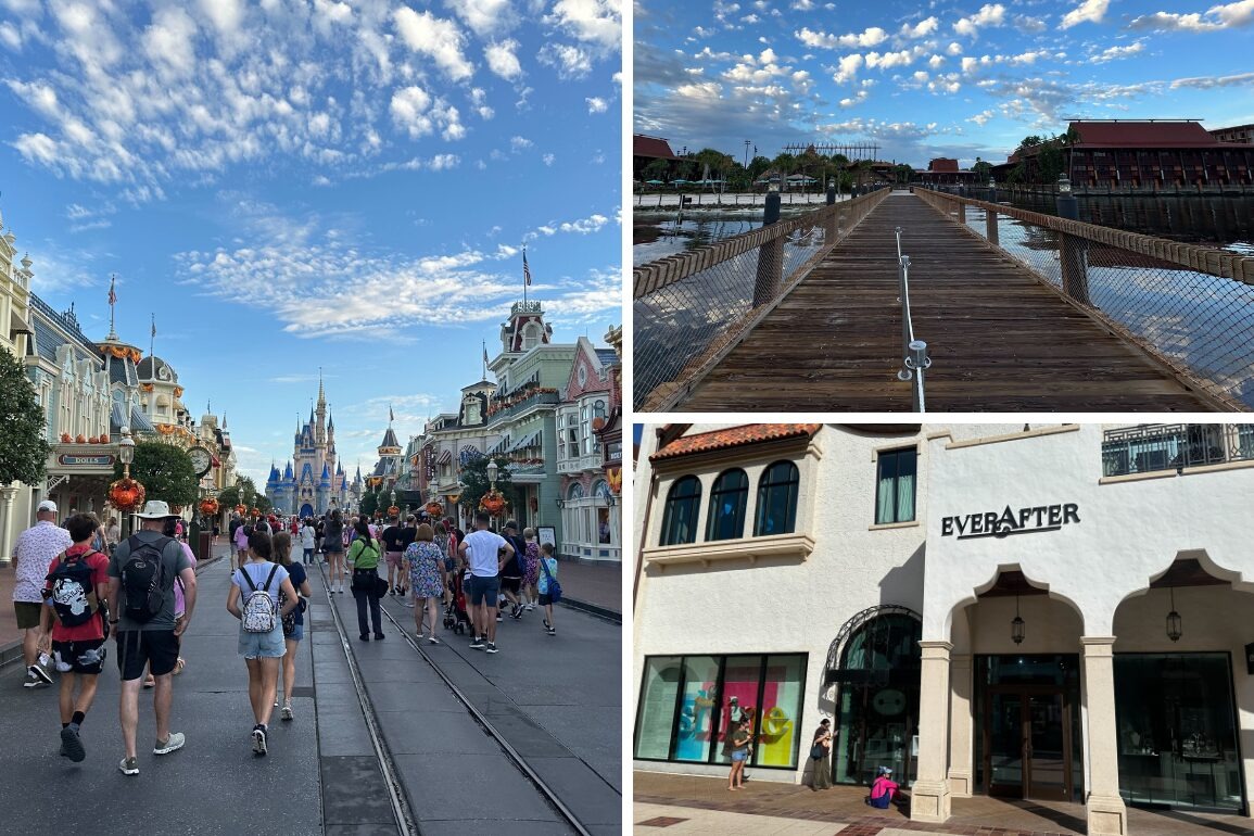 Three-part image: Left shows people walking down Main Street towards a castle. Top right displays a bridge over water with buildings in the background. Bottom right shows a store with "EVER AFTER" signage, capturing the daily recap of this enchanting locale.